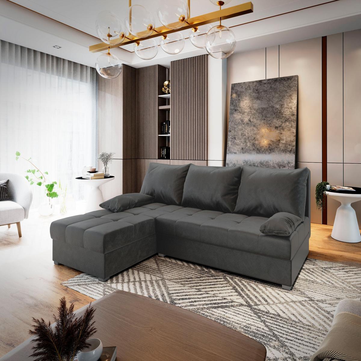 ECKSOFA RITA Grau Plüsch-Stoff mit Schlaffunktion - Grau, Holz/Kunststoff (200/141cm) - MASSENO