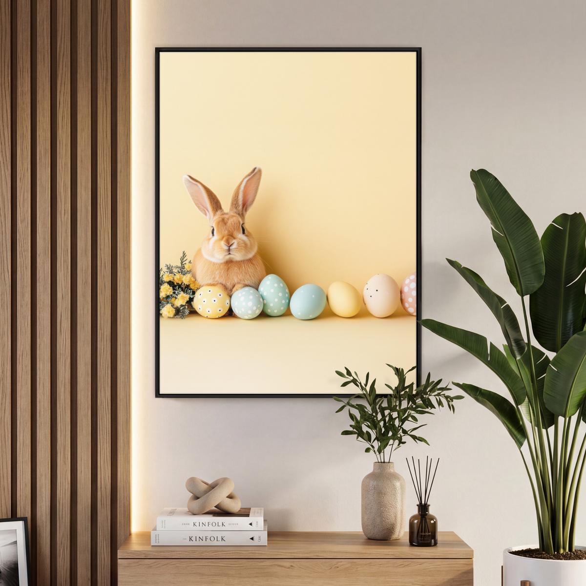 LEINWAND Bilder mit Rahmen - Eier - Kaninchen - Pastellfarbtöne - 70x100 - Hellgelb, Textil (70/100cm) - MuchoWow