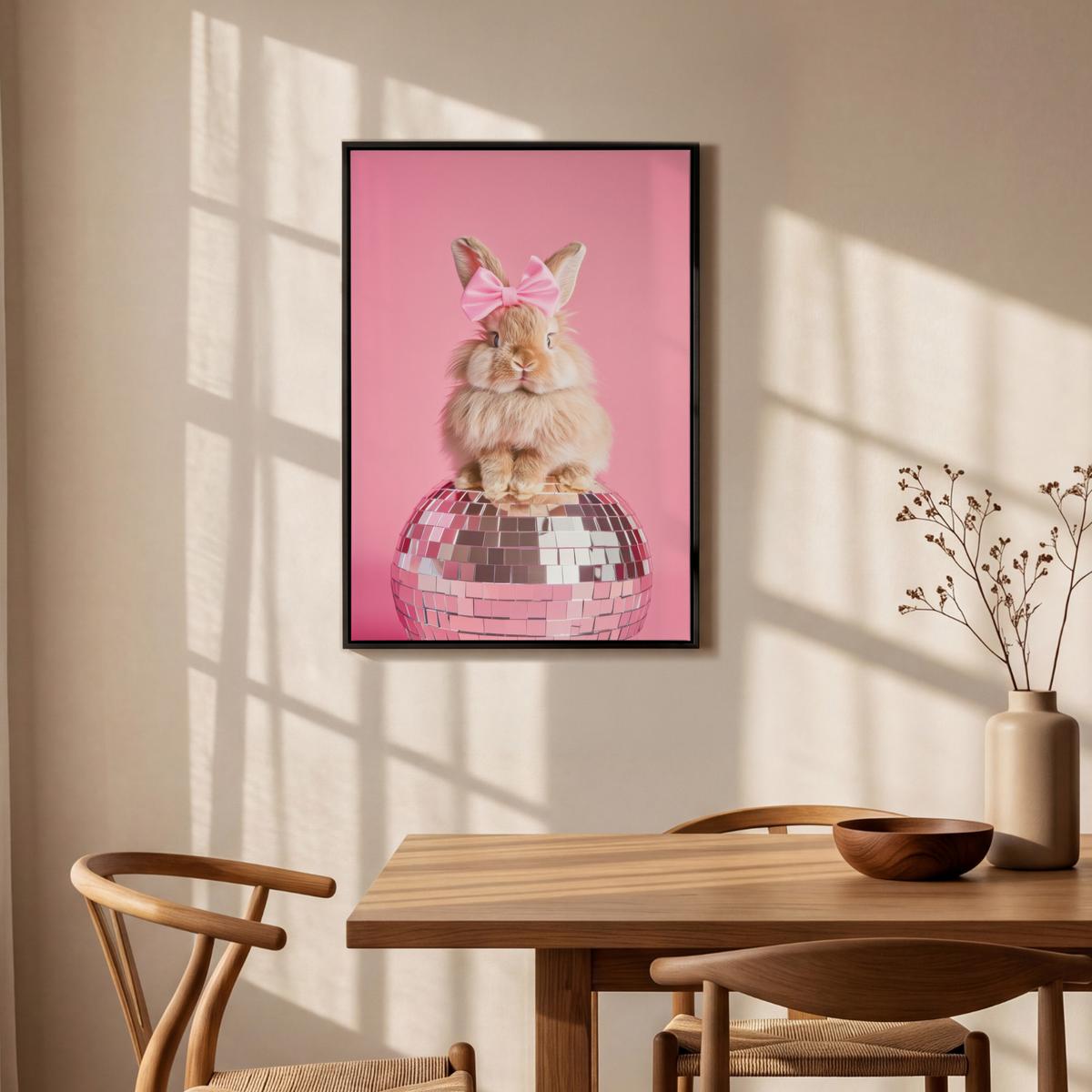 LEINWAND Bilder mit Rahmen - Schleife - Discoball - Kaninchen - 60x90 - Pink, Textil (60/90cm) - MuchoWow