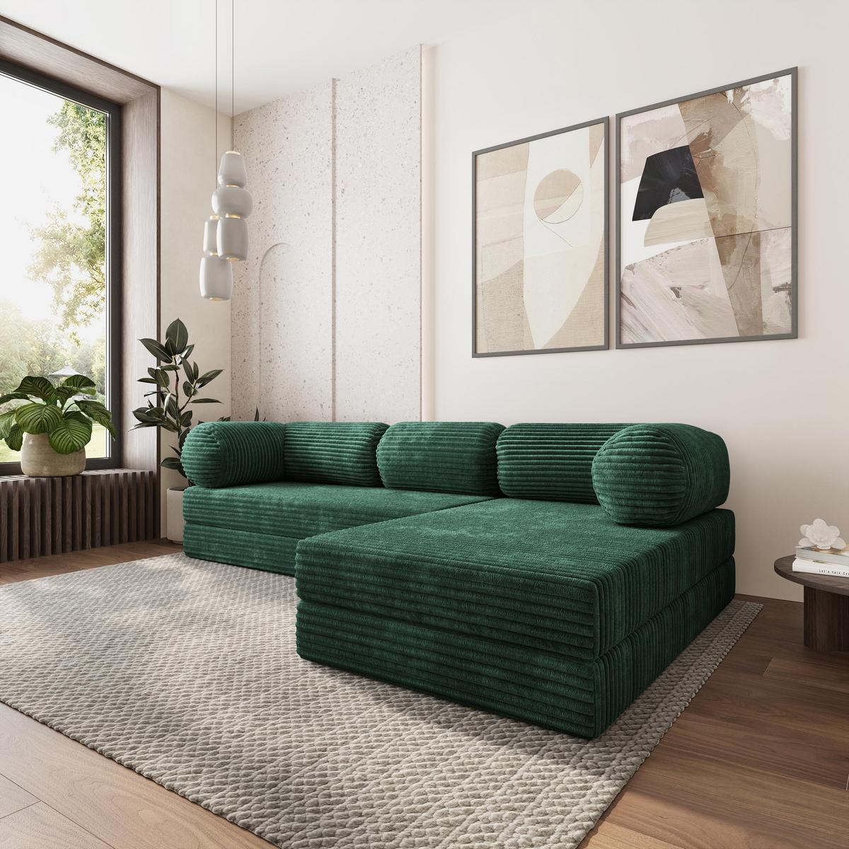ECKSOFA ETERA modulares Boneless Sofa mit Schlaffunktion Grün Kordstoff - Grün, Textil (270/160cm) - MASSENO