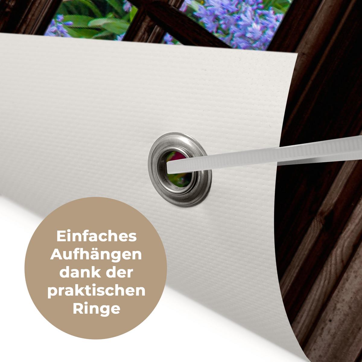 GARTENPOSTER Hortensie - Durchsichtig - Blumen - Lila - Natur - Dunkelbraunes Fenster Gartendeko 90x60 cm - Dunkelbraun, Kunststoff (90/60/0.2cm) - OnlyWow