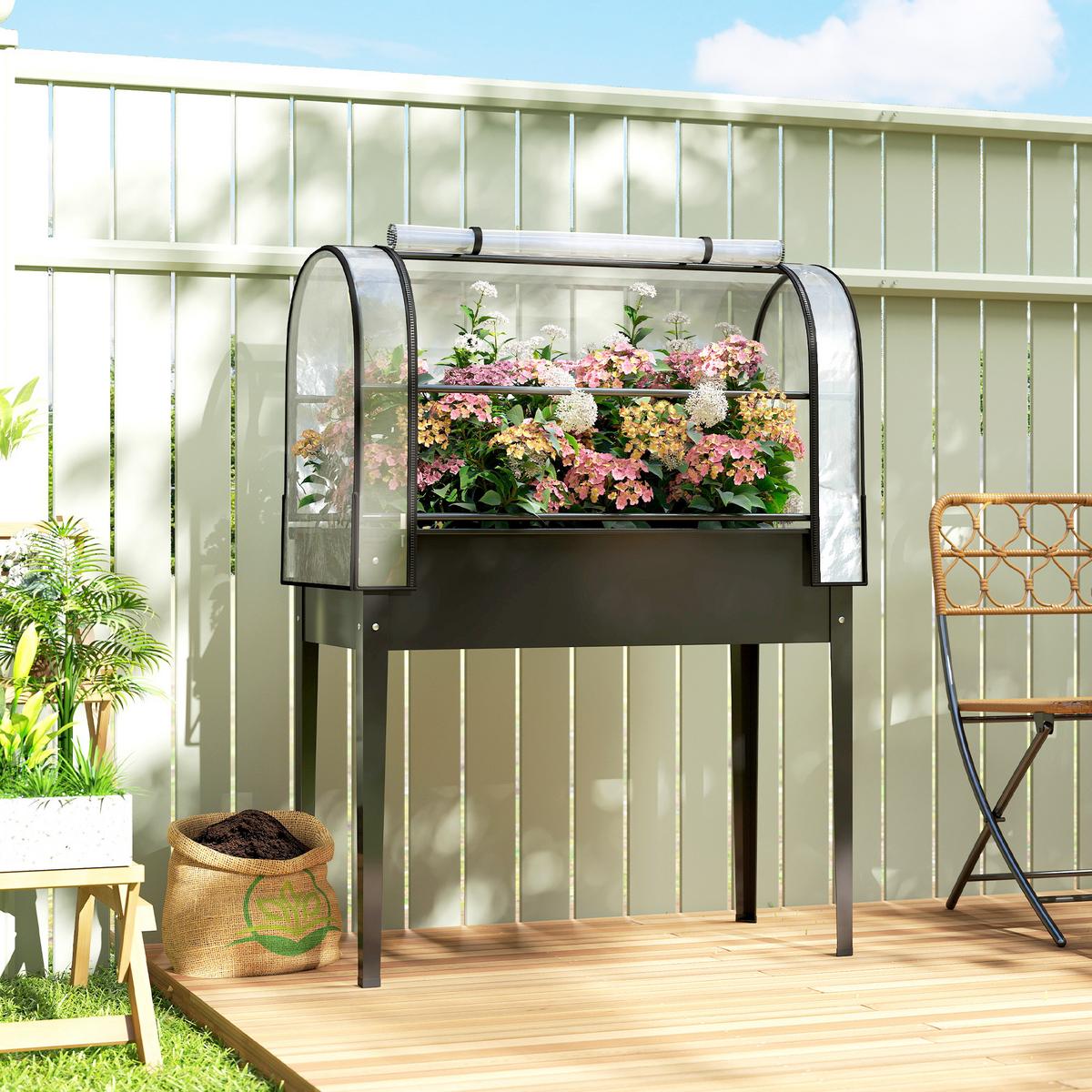 HOCHBEET mit Gewächshausabdeckung aus Kunststoff Metall Schwarz - Schwarz, Metall (49/136/100cm) - Outsunny
