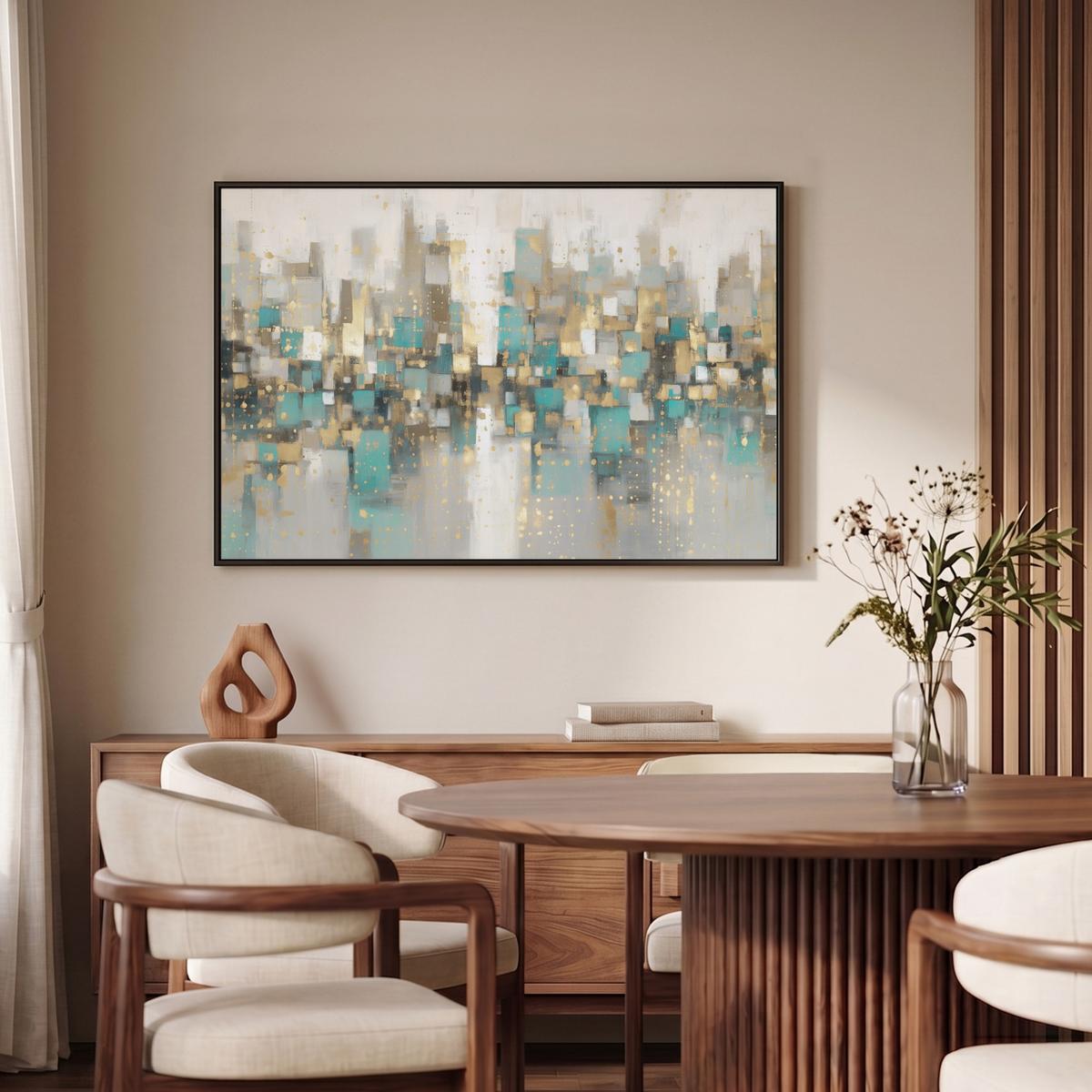 LEINWAND Bilder mit Rahmen - Abstrakt - Blöcke - Gold - Skyline - 90x60 - Beige, Textil (90/60cm) - MuchoWow