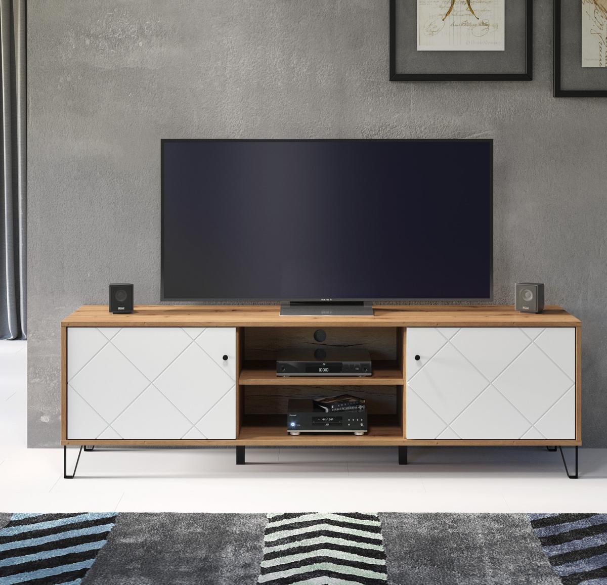 TV-LOWBOARD weiß matt, Eiche Artisan 183 cm,TV-Unterteil mit Soft-Close-Funktion - Eichefarben/Schwarz, Holzwerkstoff/Kunststoff (183/56/40cm) - Top.Furn