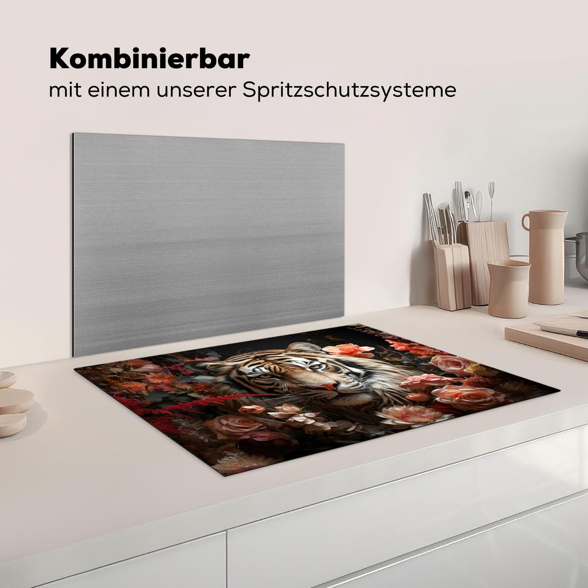 HERDABDECKPLATTE Tiger - Tier - Natur - Floral - Botanisch Herdabdeckung Induktionsfeld 75x52 cm - Orange, Kunststoff (75/52/0.2cm) - MuchoWow