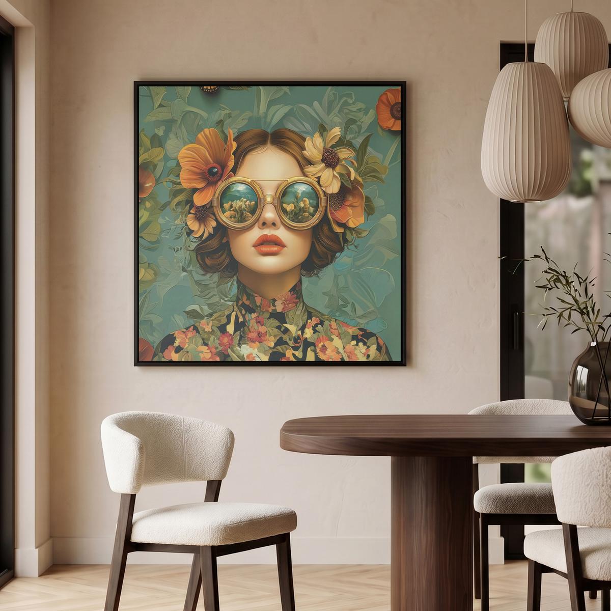LEINWAND Bilder mit Rahmen - Frau - Blumen - Schmetterlinge - Natur - Vintage - 90x90 - Salbeigrün, Textil (90/90cm) - MuchoWow