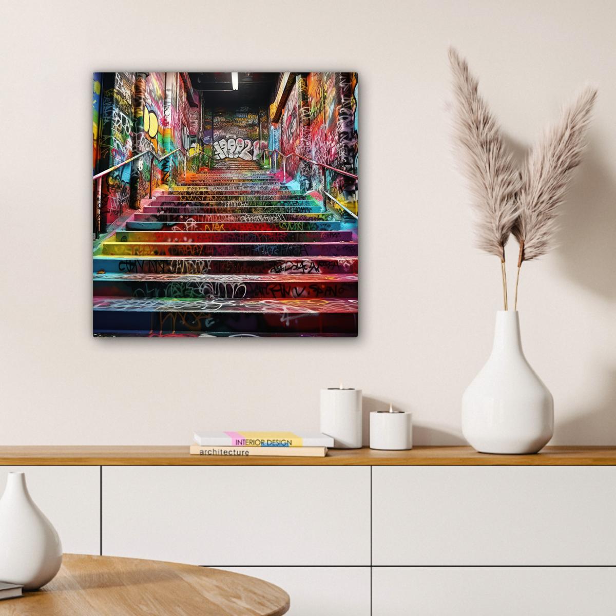 LEINWANDBILD Treppe - Graffiti - Farben - Kunst Wandbild Wohnzimmer 50x50 cm - Multicolor, Textil (50/50cm) - MuchoWow