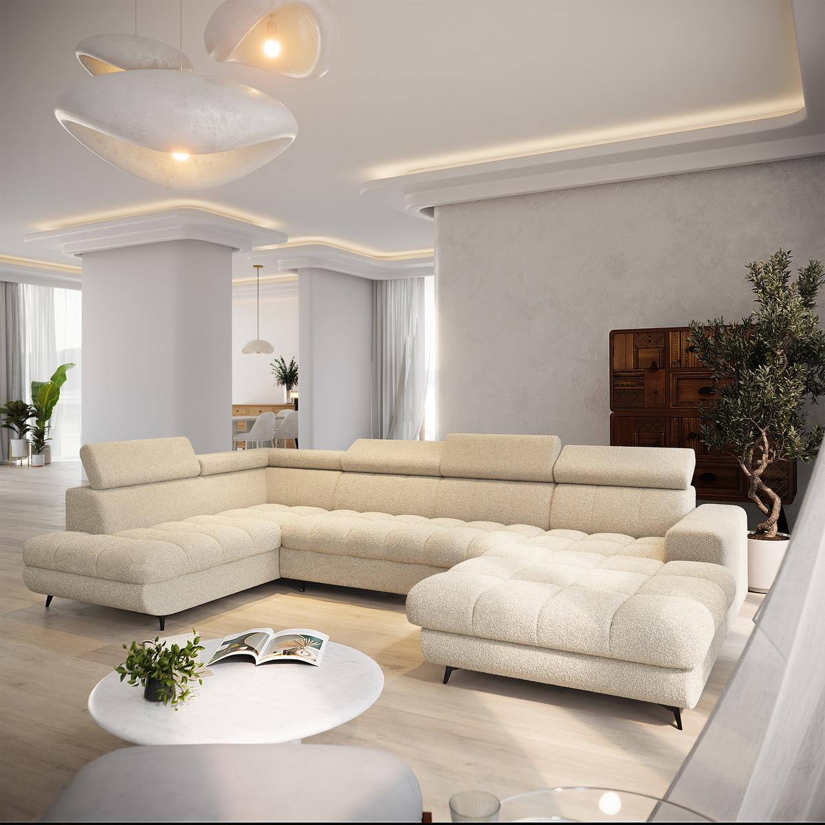 WOHNLANDSCHAFT CORENO Creme Boucle-Stoff mit Schlaffunktion - Creme, Holz (345/88/190cm) - MASSENO