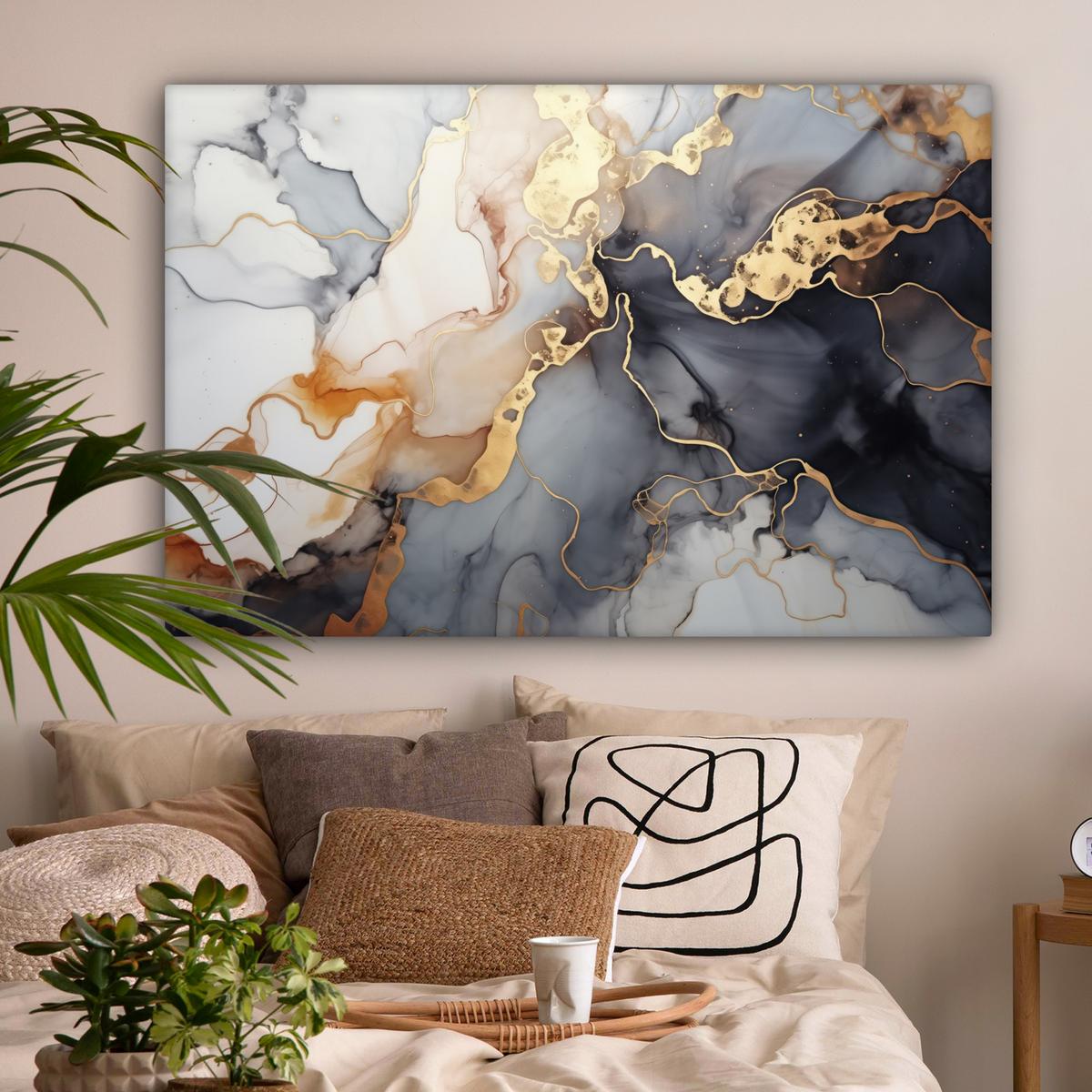 LEINWANDBILD Marmor - Schwarz - Gold - Weiß Wohnzimmer Groß 120x80 cm - Dunkelgrau, Textil (120/80cm) - MuchoWow