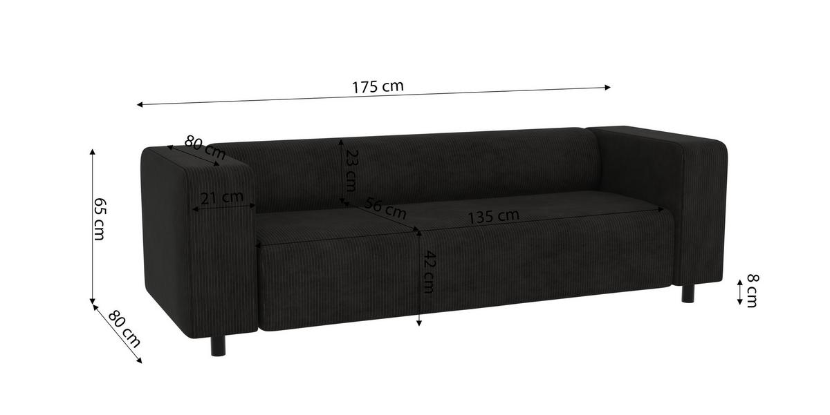 SITZGARNITUR 3+1 Tove Schwarz Cord - Schwarz, Holz/Kunststoff (175/65/80cm) - S-Style Möbel