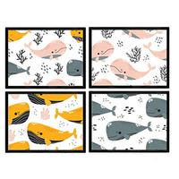 POSTER Set mit 4 Orange graue rosa Wale A3 Schwarzer Rahmen - Schwarz, Papier (29.7/3cm) - Nacnic