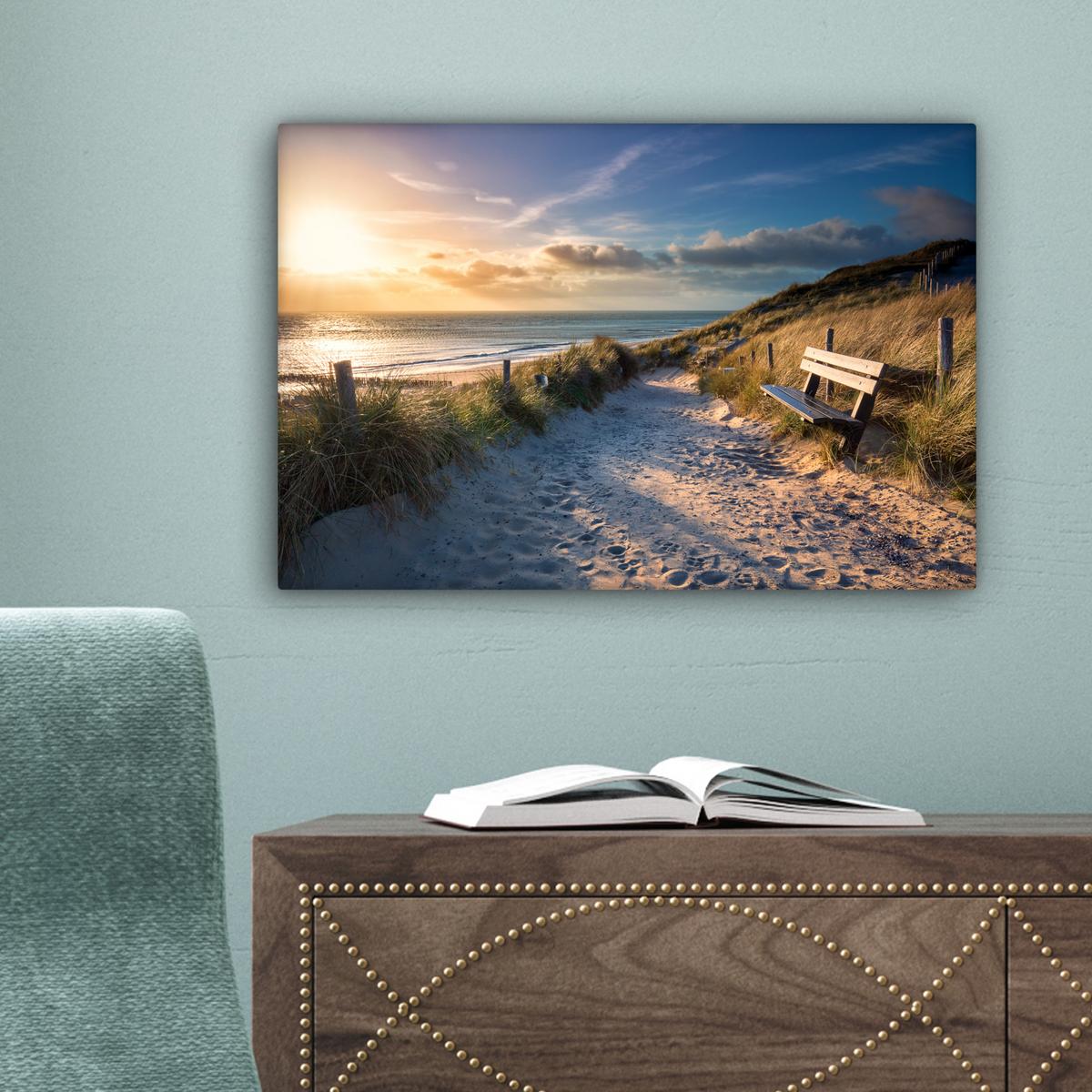 LEINWANDBILD Sonnenuntergang - Strand - Düne - Gras - Ufer Deko Schlafzimmer 30x20 cm - Sandfarben, Textil (30/20cm) - MuchoWow