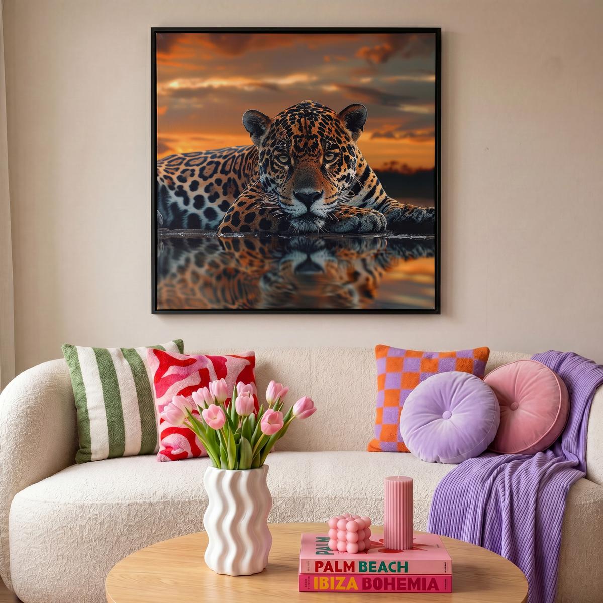 LEINWAND Bilder mit Rahmen - Natur - Leopard - Tier - Sonnenuntergang - Modern - 90x90 - Orange, Textil (90/90cm) - MuchoWow