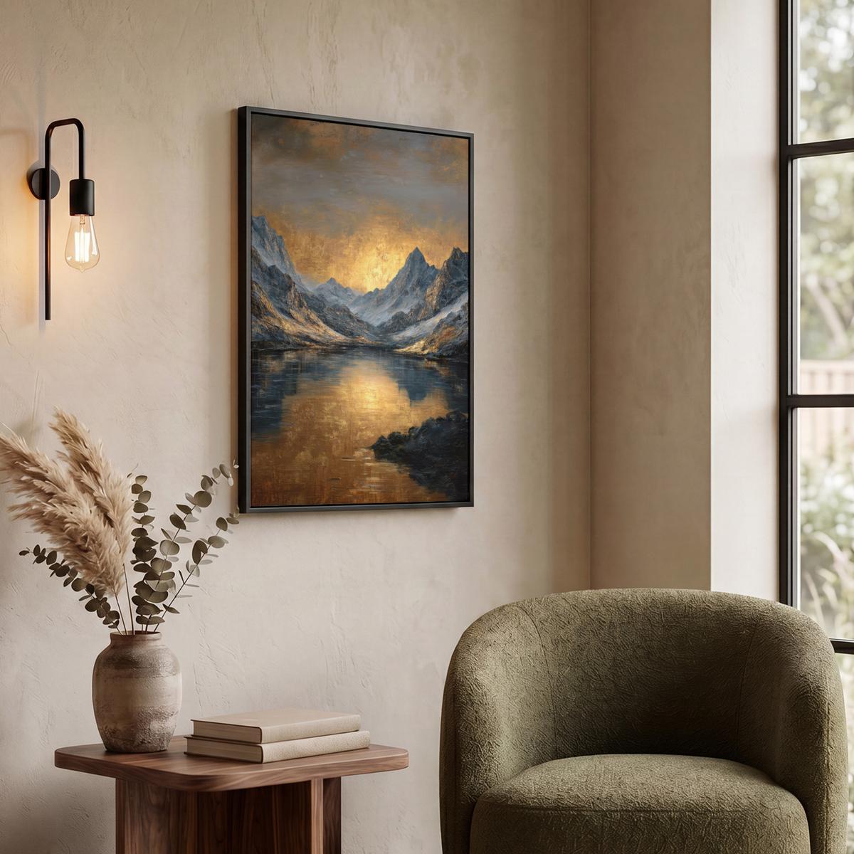 LEINWAND Bilder mit Rahmen - Bergkulisse mit goldenem Sonnenuntergang - 60x80 - Goldfarben, Textil (60/80cm) - MuchoWow