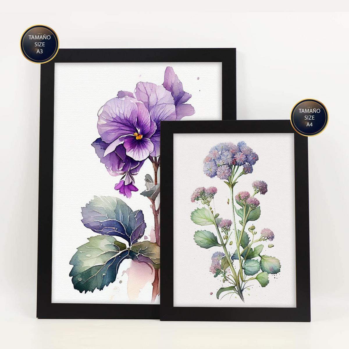 POSTER Set Mit 6 Violett Vollfarbige Natur Und Botanikdrucke Mit Blumenmotiven Auf Reinweißen Hintergründen Innenarchitektur A3 & A4 Schwarzer Rahmen - Schwarz, Papier (29/3cm) - Nacnic