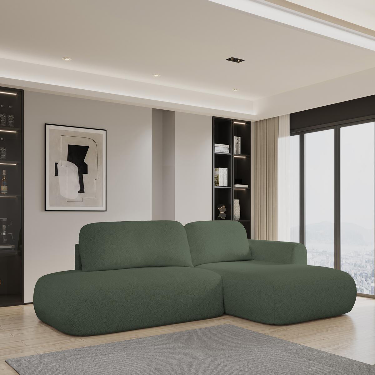 ECKSOFA NUVIRA R-S Grün Boucle-Stoff mit Schlaffunktion - Grün, Holz (279/158cm) - MASSENO