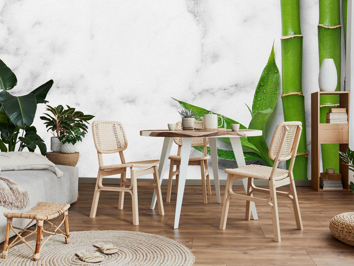 FOTOTAPETE für Küche Bambusblätter Grauer Marmor Exotisch Elegant 300x210 - Weiß/Grau, Papier (300/210cm) - Muralo