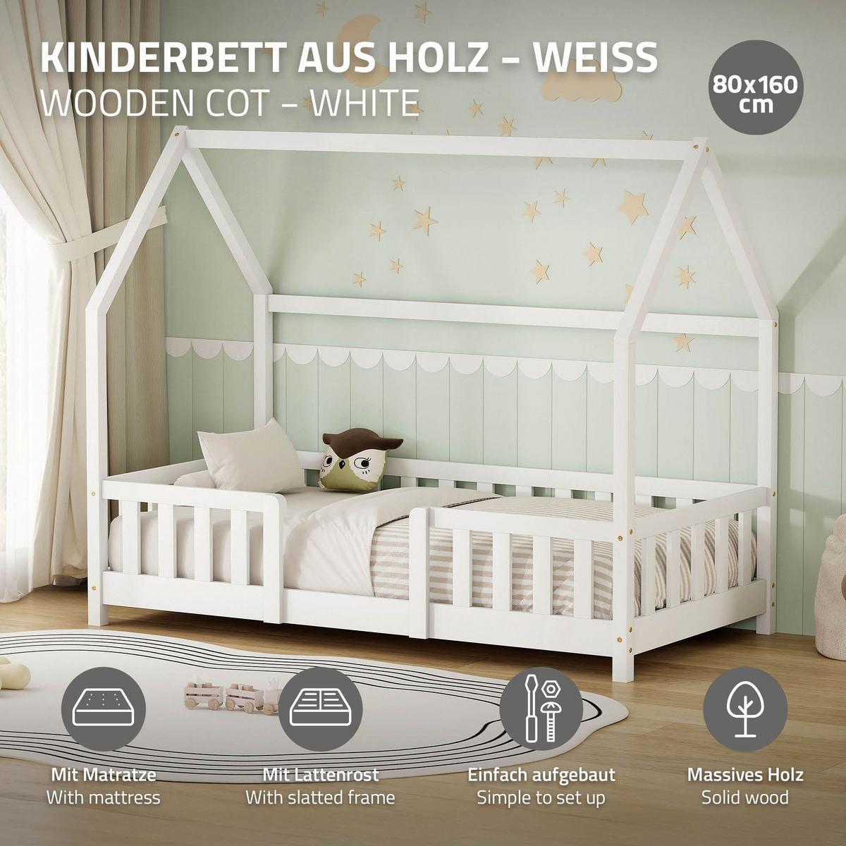 KINDERBETT 80x160 cm mit Matratze & Rausfallschutz Weiß aus Kiefernholz - Weiß, Holz (80/160cm) - ML-DESIGN