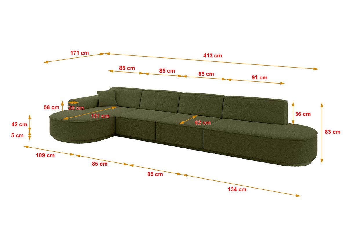 ECKSOFA Ottomane Links MARI-L3-v3 - 413x171x83 cm Grün Bouclé - Schwarz/Grün, Holzwerkstoff/Kunststoff (413/171cm) - ALTDECOR