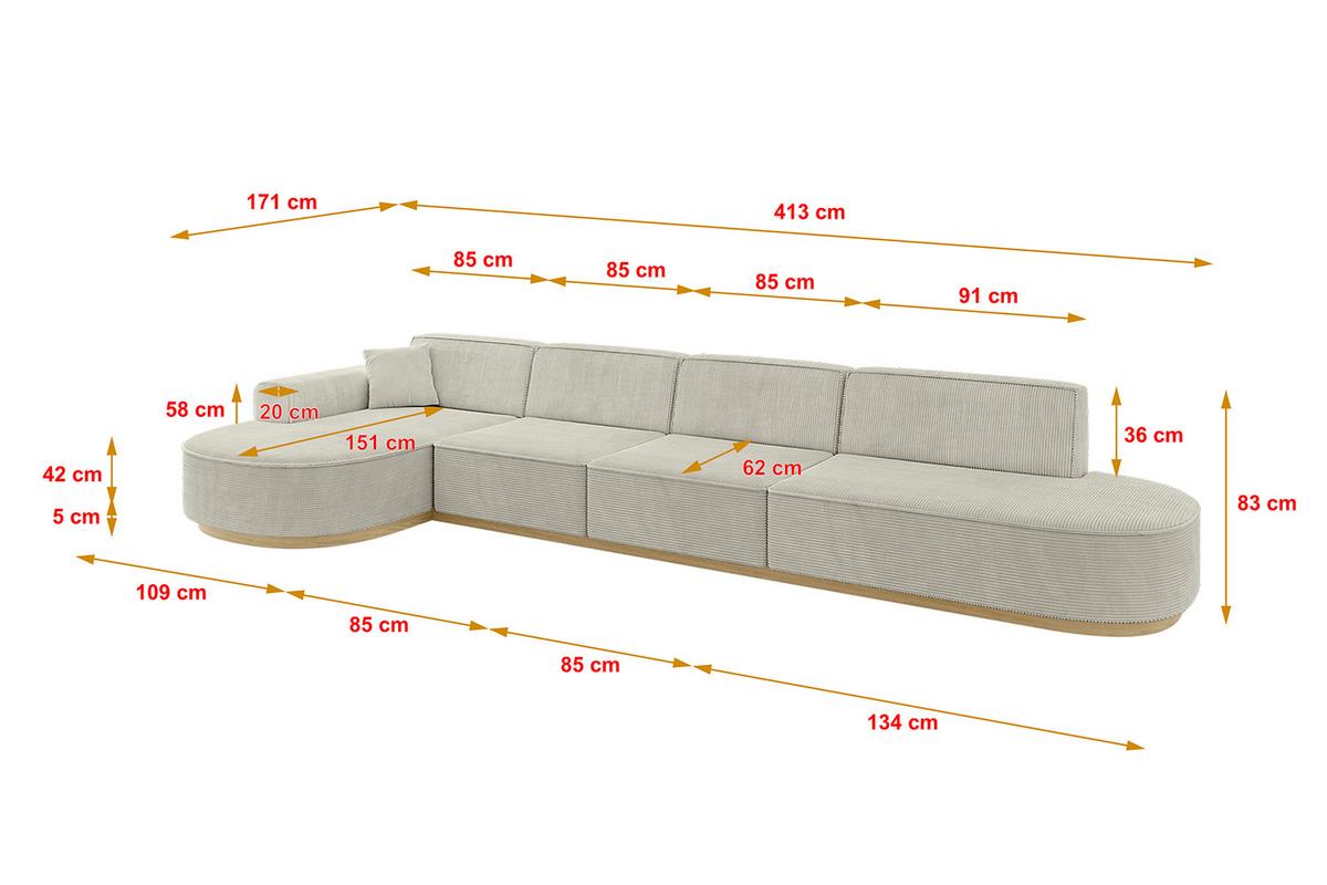ECKSOFA Ottomane Links MARI-L3-v2 - 413x171x83 cm Creme Cord - Hellgrau/Creme, Holzwerkstoff/Textil (413/171cm) - ALTDECOR