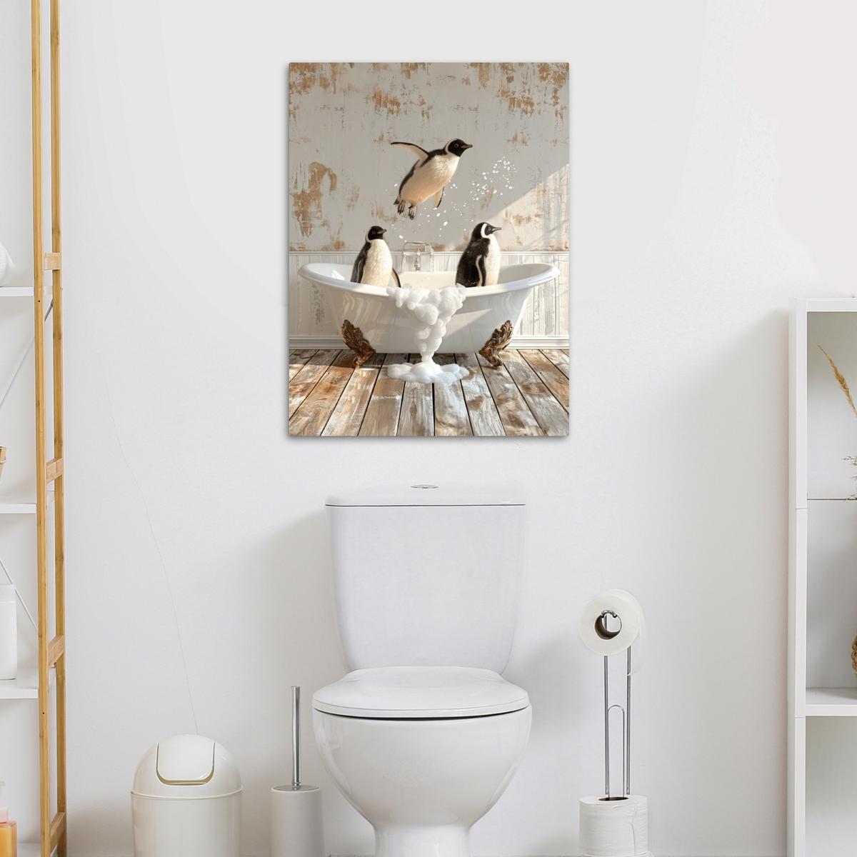 LEINWANDBILD Vintage - Pinguin - Badewanne - Schaumstoff Wandbild Wohnzimmer 50x70 cm - Schwarz, Textil (50/70cm) - MuchoWow