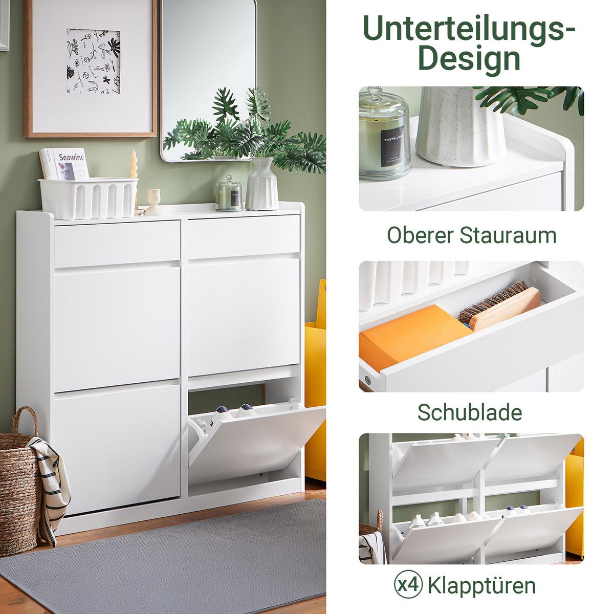 SCHUHKIPPER mit 4 Klappen, Schuhschrank schmal, 98x95x19cm Weiß - Weiß, Holz (98/95/19cm) - SoBuy