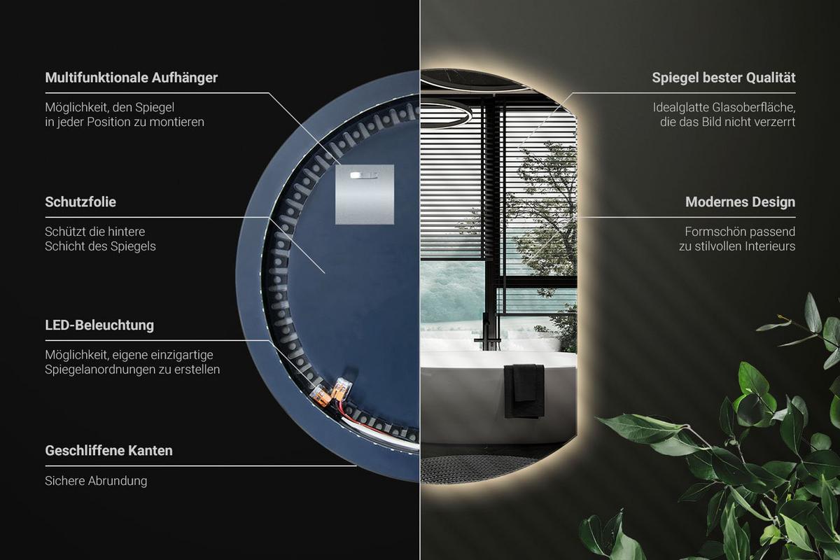 LED SPIEGEL 74 cm x 90 cm Asymmetrische Form Warmweiß 3000 K - Transparent, Glas (74/90/0.4cm) - Wallfluent