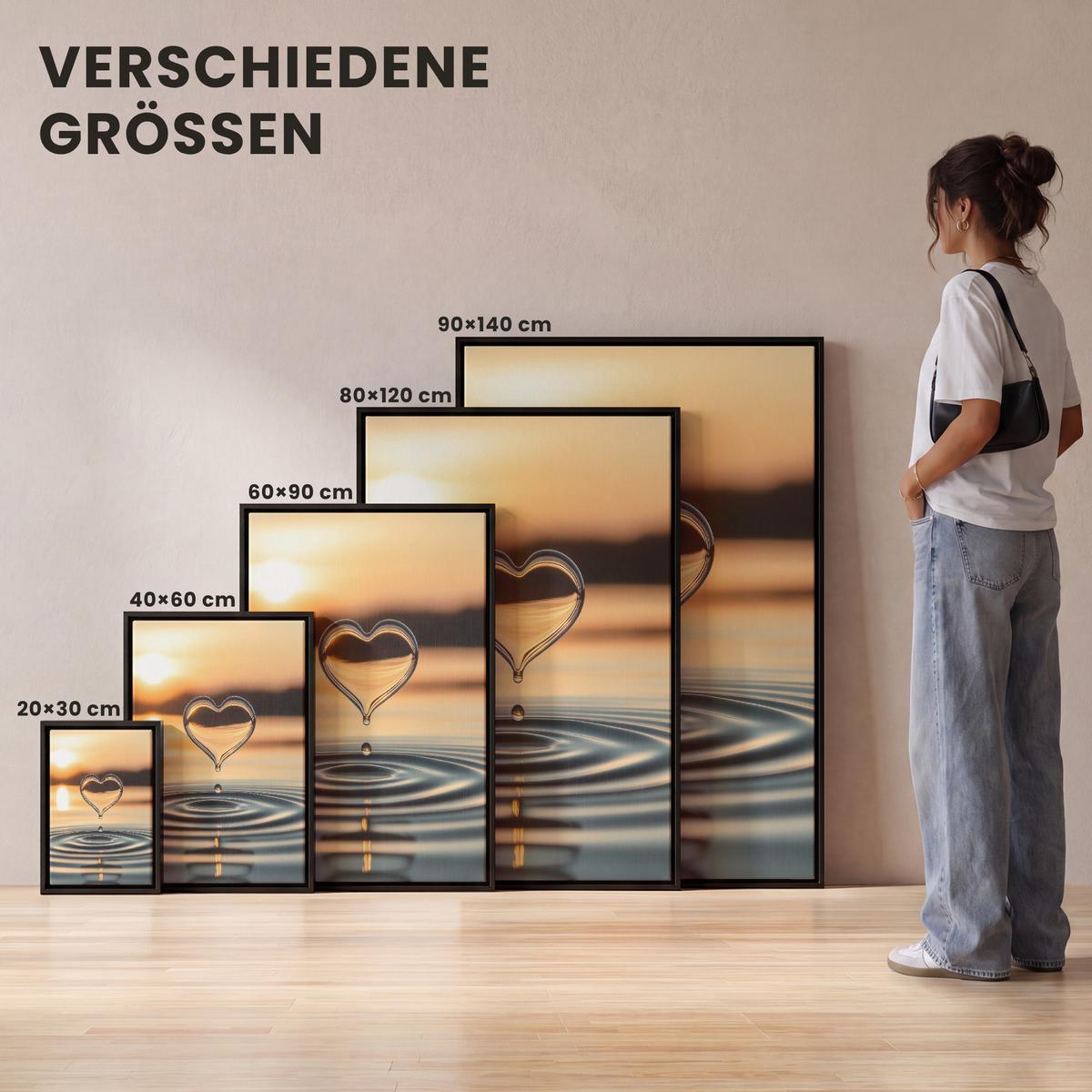 LEINWAND Bilder mit Rahmen - Herz - Wasser - Sonnenuntergang - Natur - Zen - 100x150 - Bernsteinfarben, Textil (100/150cm) - MuchoWow