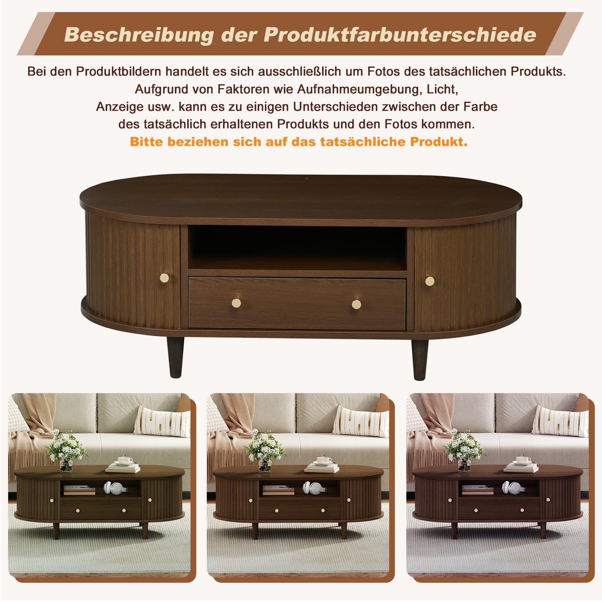 COUCHTISCH Ovales Design mit Rolltür & Schublade - Walnussfarben, Holzwerkstoff (50/100/36cm) - Urban Meuble