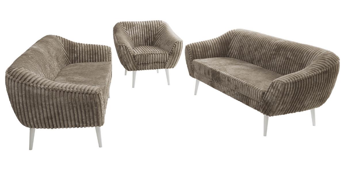 SITZGARNITUR PIRS 3+3+1 - Hellbraun Cord - Weiße Beine - Hellbraun/Weiß, Holzwerkstoff/Textil (180/75/74cm) - MKS