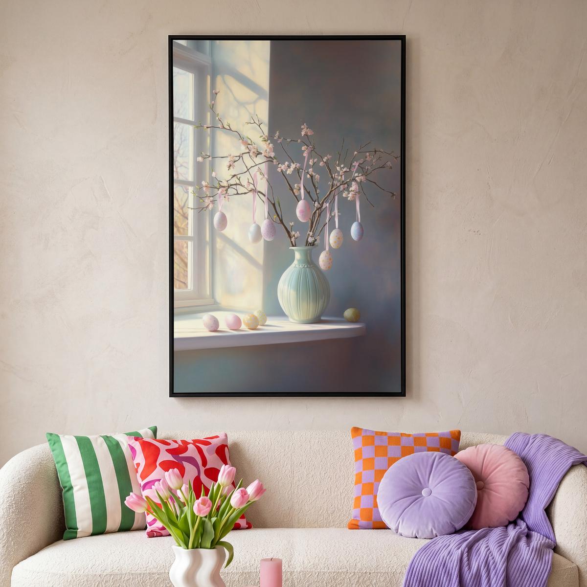 LEINWAND Bilder mit Rahmen - Stillleben - Vase - Osterzweig - 80x120 - Hellblau, Textil (80/120cm) - MuchoWow