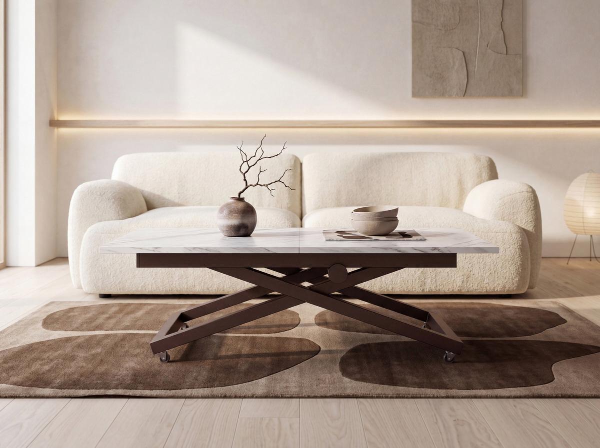 COUCHTISCH Axen höhenverstellbar ausziehbar, Marmor Weiß 120-160/80/38-75 cm - Ecru/Braun, Holzwerkstoff/Metall (80/160/75cm) - WFL GROUP