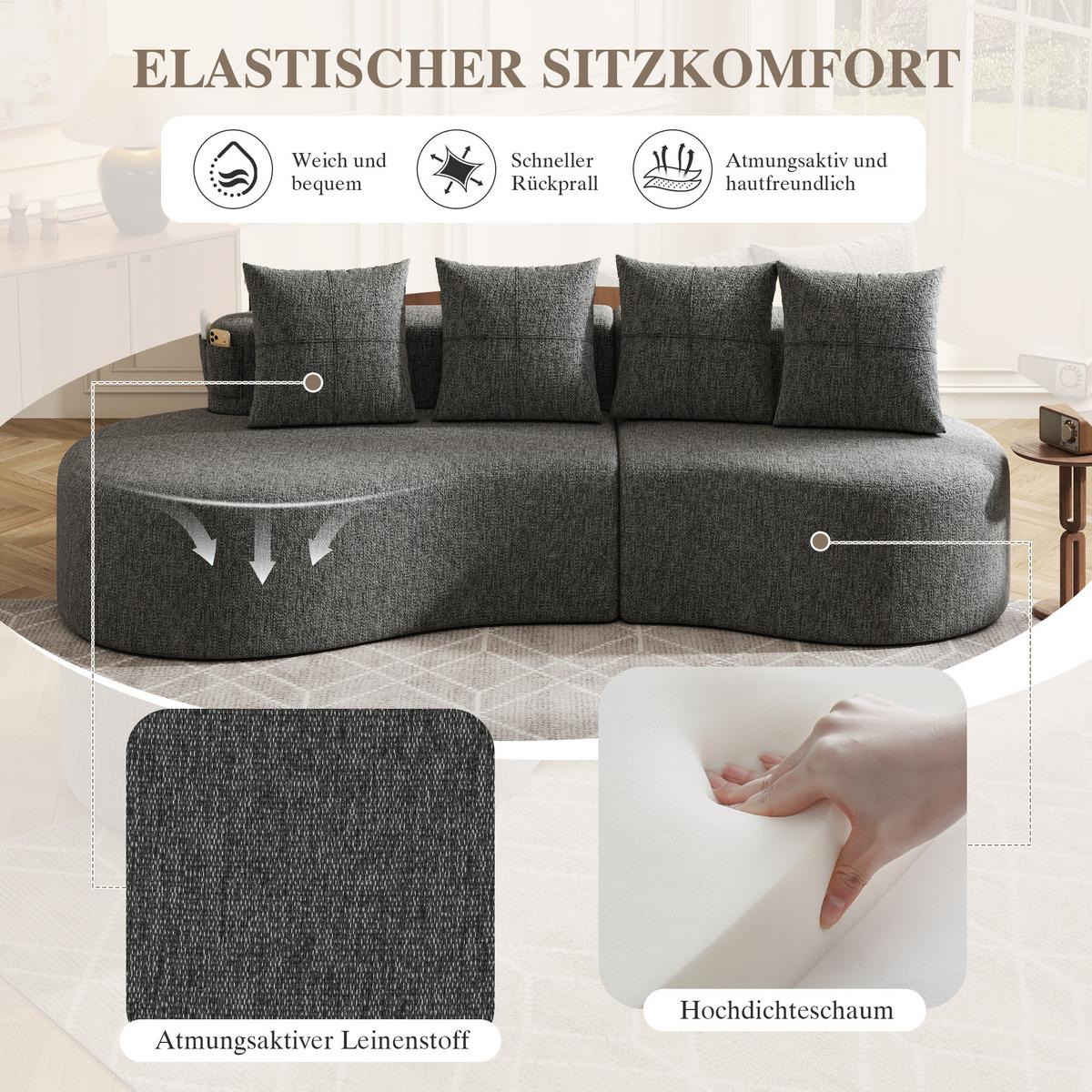 3-SITZER SOFA leinenstoff farbwahl mit getränkehalter & seitentaschen - Dunkelgrau, Textil (240/63/109cm) - Urban Meuble