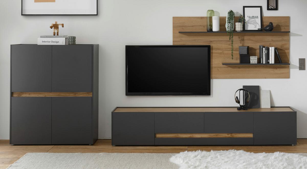 TV-LOWBOARD grau matt, Eiche Wotan 223 cm, großer TV Unterschrank mit viel Stauraum - Eiche Wotan/Schwarz, Holzwerkstoff/Kunststoff (223/40/45cm) - Furn.Design