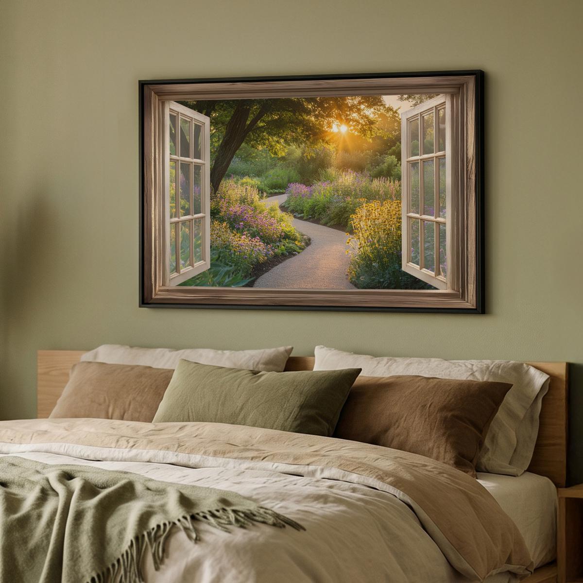 LEINWAND Bilder mit Rahmen - Aussicht - Blumen - Natur - Sonne - Weg - 90x60 - Hellgelb, Textil (90/60cm) - MuchoWow