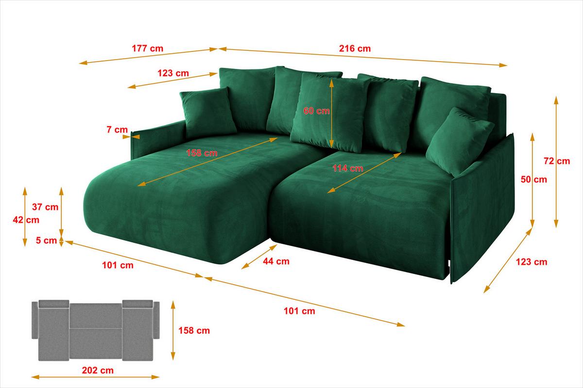 ECKSOFA Ottomane links ONESK-L -v1 216x177x72 Dunkelgrün Velours - Dunkelgrün, Holzwerkstoff/Kunststoff (216/177cm) - ALTDECOR