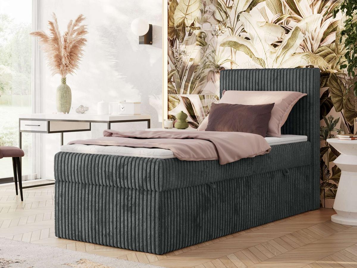 BOXBETT TILIANO 90/200 - Grau Cord - H3 - Visco Topper - Rechts - Grau, Textil (90/200cm) - MKS