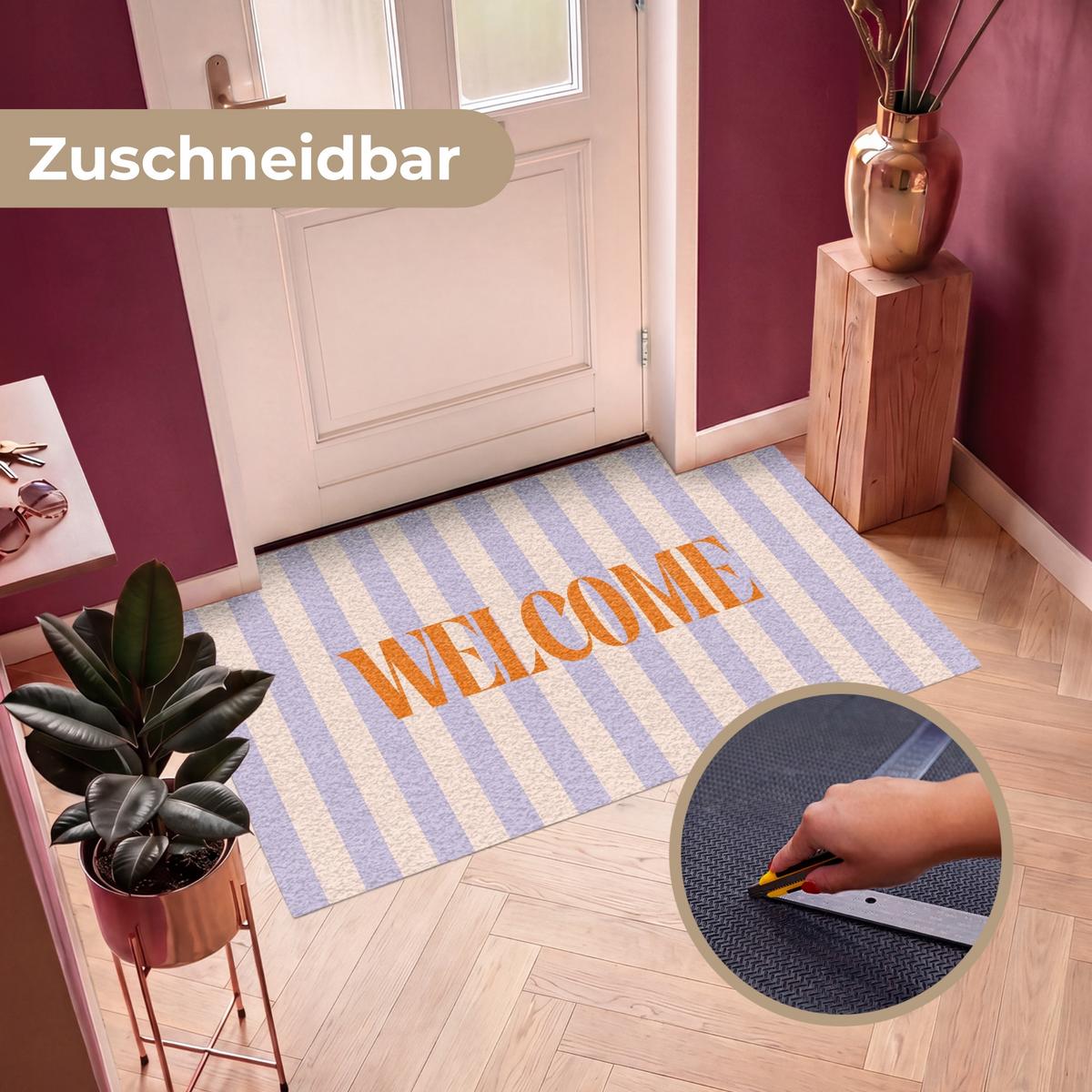 FUSSMATTE Lila – Orange – Streifen – Willkommen 150x90 cm - Flieder, Kunststoff (150/0.4cm) - MuchoWow