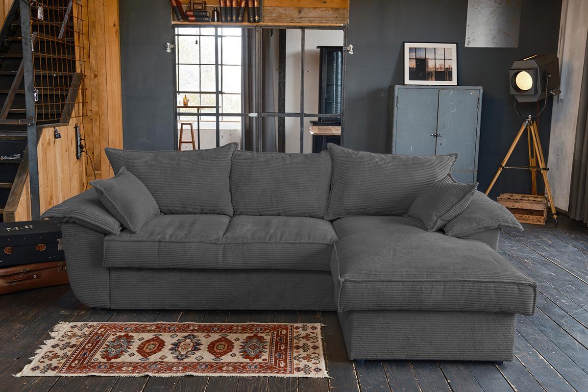 ECKSOFA DAMETO Grau Cord Mit Schlaffunktion - Schwarz/Grau, Kunststoff/Textil (266/174cm) - KAWOLA