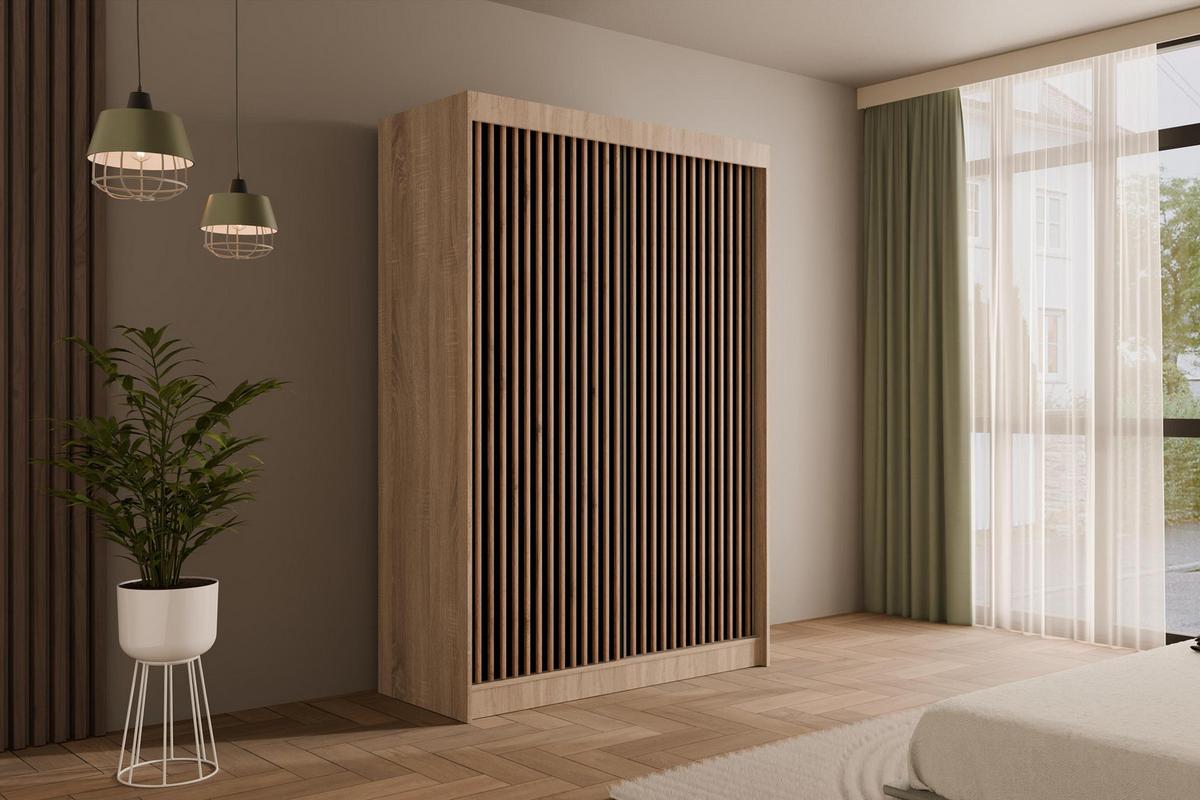 KLEIDERSCHRANK mit Lamel-Schiebetüren VILANv2 - 150 cm Sonoma Eiche + Lamelle Eiche Wotan - Eiche Wotan/Sonoma Eiche, Holzwerkstoff (150/215/61cm) - ALTDECOR