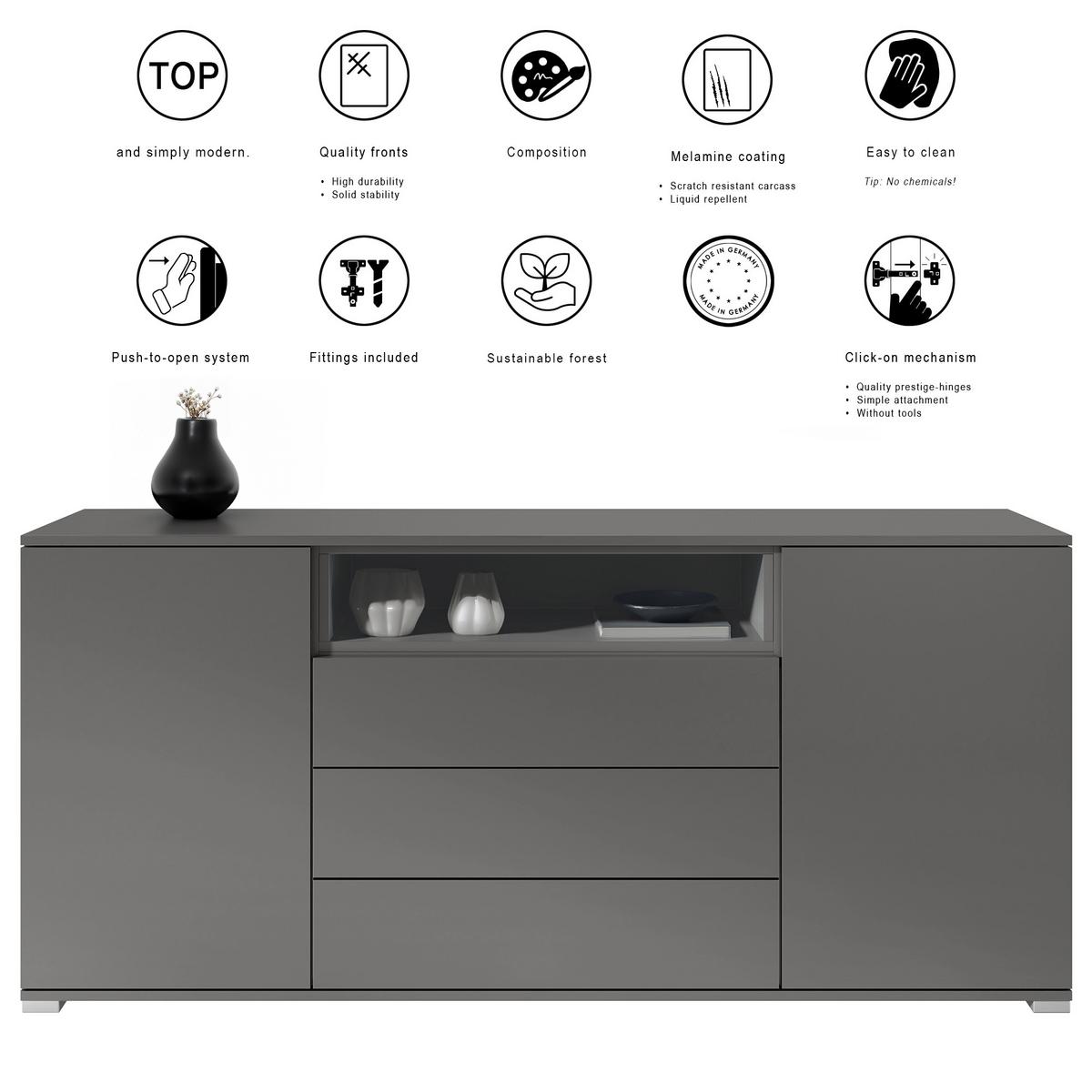 SIDEBOARD Skadu Graphit Seidenmatt - Graphitfarben, Holzwerkstoff (166.5/75.5/35cm) - Vladon