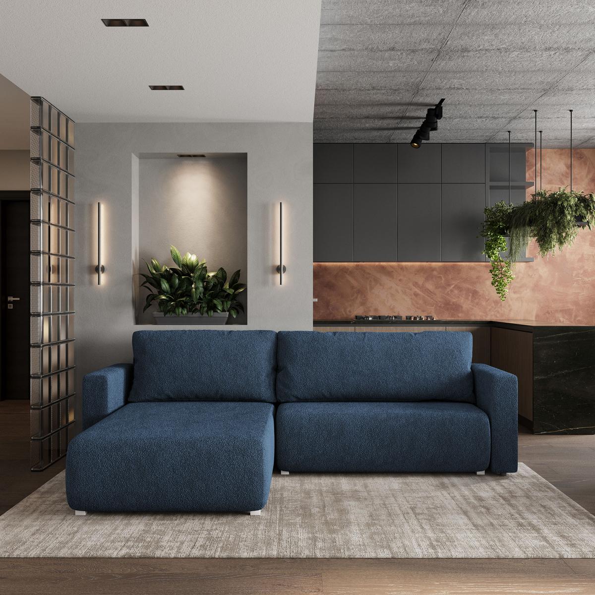 ECKSOFA TURIN N Blau Bucle-Stoff mit Schlaffunktion - Blau/Grau, Holz/Kunststoff (265/183cm) - MASSENO