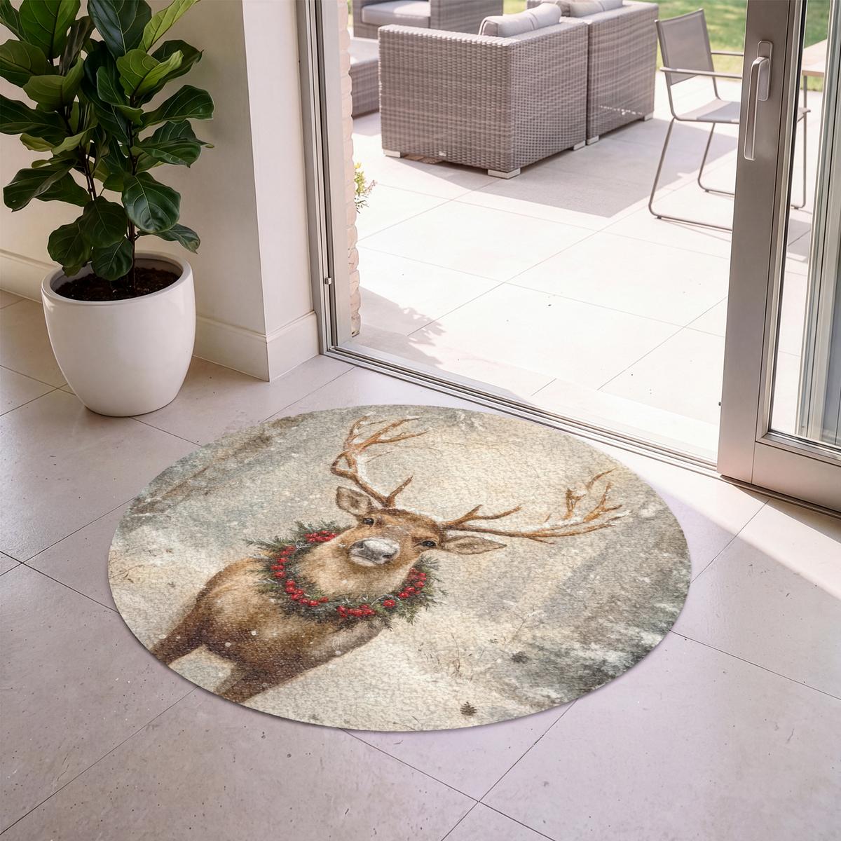 FUSSMATTE Weihnachten - Rentier - Winter - Kranz Flurteppich 120x120 cm - Braun, Kunststoff (120/0.4cm) - MuchoWow