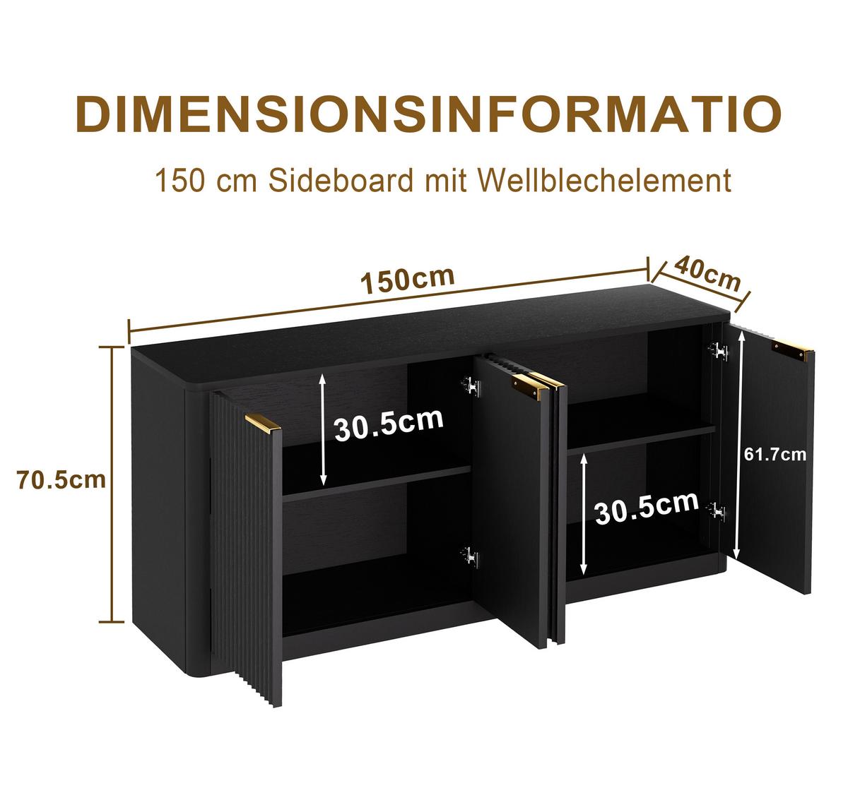 SIDEBOARD Schwarz & Holz-Optik 150 cm mit Wellen-Design & 4 Türen - Schwarz, Holzwerkstoff (150/70.5/40cm) - Urban Meuble