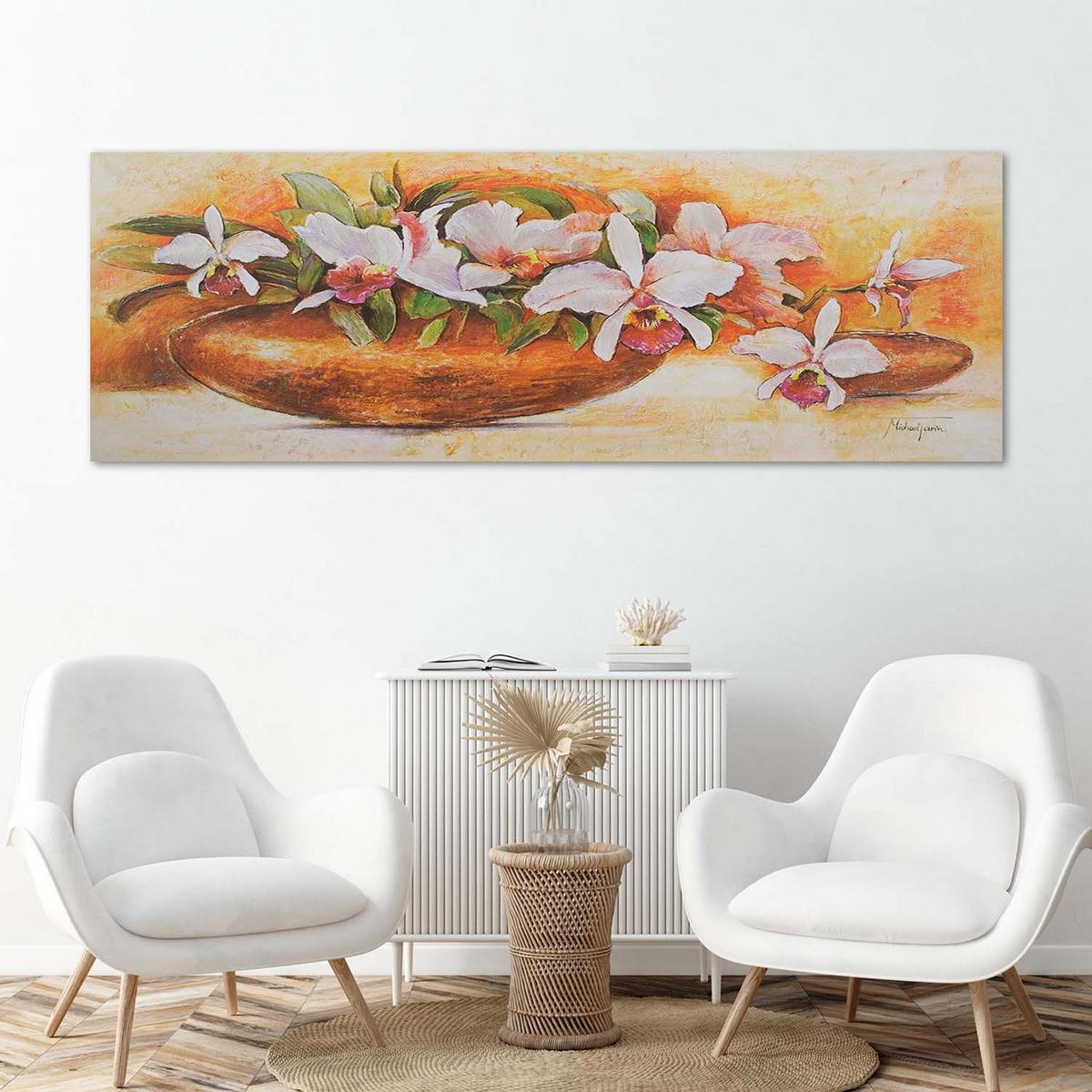 WANDBILD gartenblumen in einer runden vase - Orange, Textil (90/30cm) - Feeby