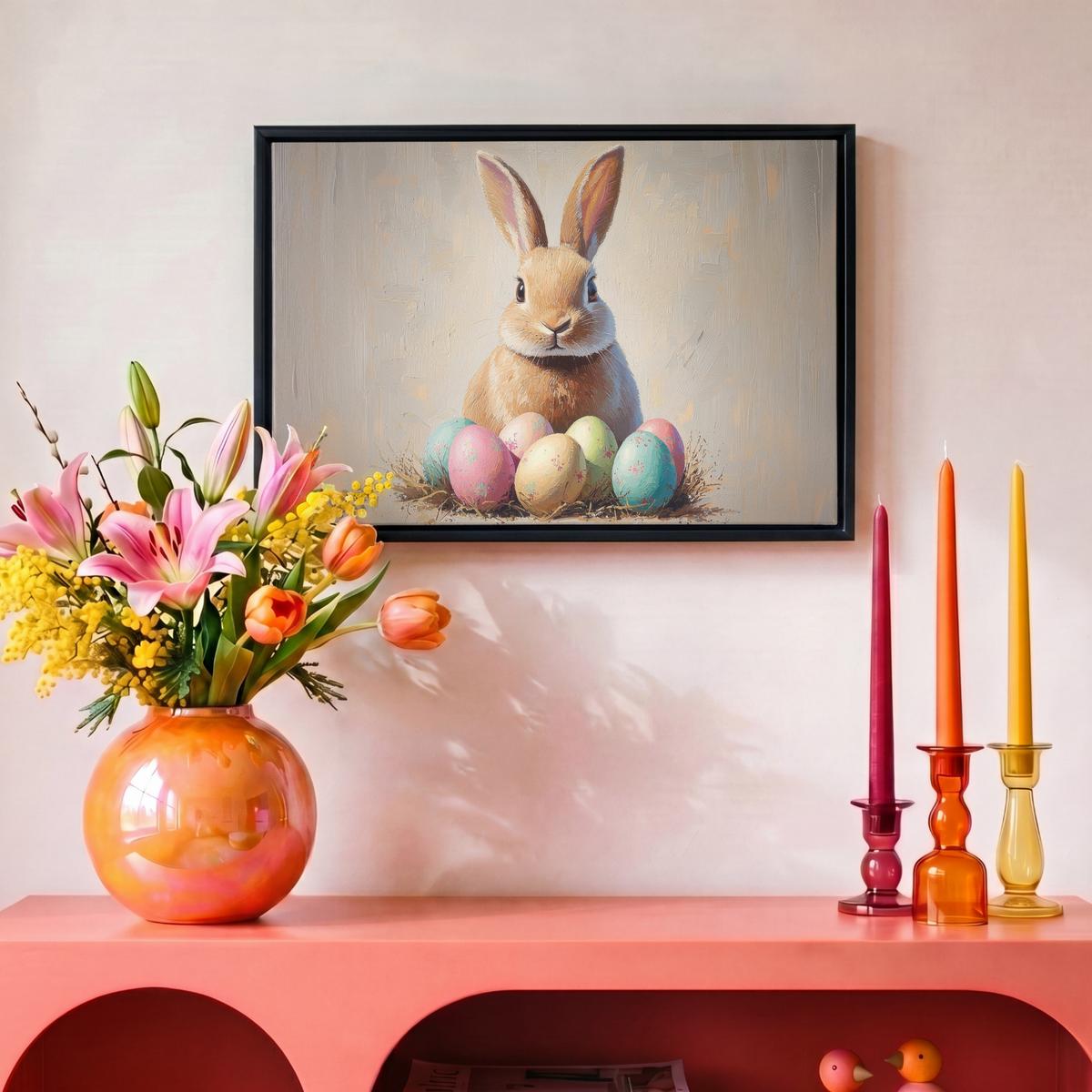 LEINWAND Bilder mit Rahmen - Osterhase - Pastell - Eier - 30x20 - Beige, Textil (30/20cm) - MuchoWow