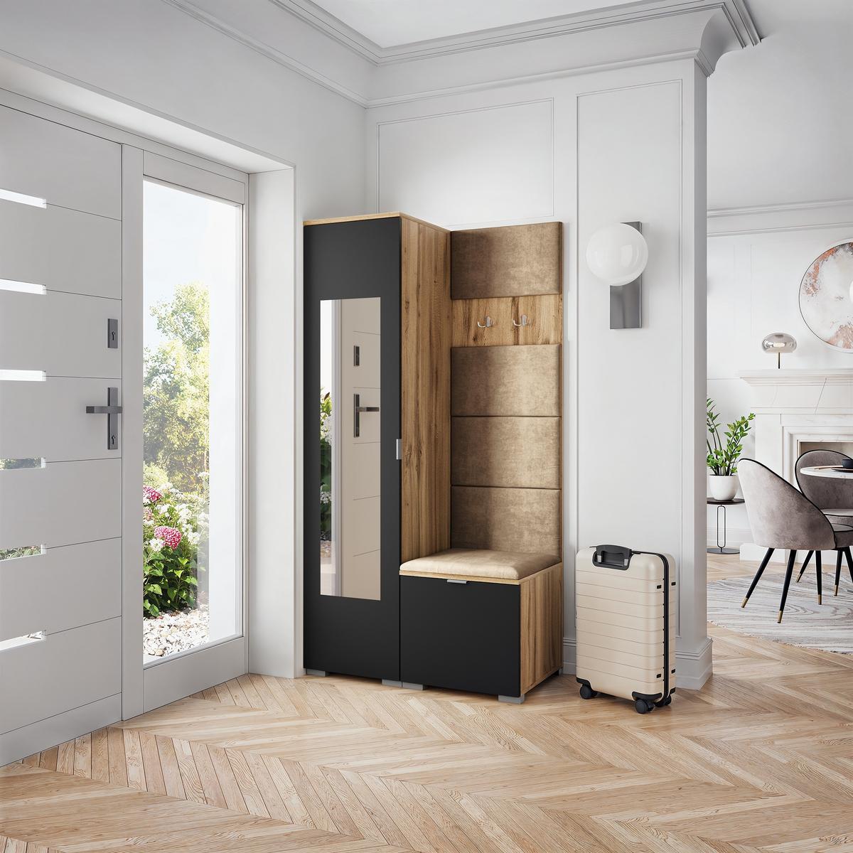 GARDEROBENSCHRANK VIRA 95/181/51 cm Modern Garderobe-Set Eiche Wotan - Eiche Wotan/Schwarz, Holzwerkstoff (95/181/51cm) - MASSENO