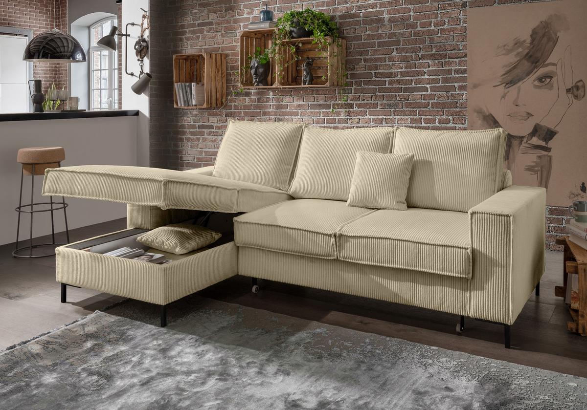 ECKSOFA mit Schlaffunktion, Bettkasten, Wellenunterfederung, Récamiere links B240/T150/H92 cm, Liegefl. 125x198 cm, Cord Beige Grau / 17223 - Greige/Schwarz, Textil/Metall (240/150cm) - luma-home