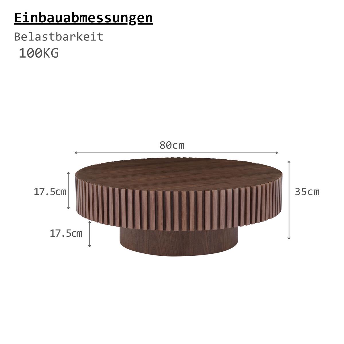 COUCHTISCH Rund in Walnuss-Optik Ø 80 cm mit handgefertigtem Rillen-Design - Walnussfarben, Holzwerkstoff (80/80/35cm) - Urban Meuble