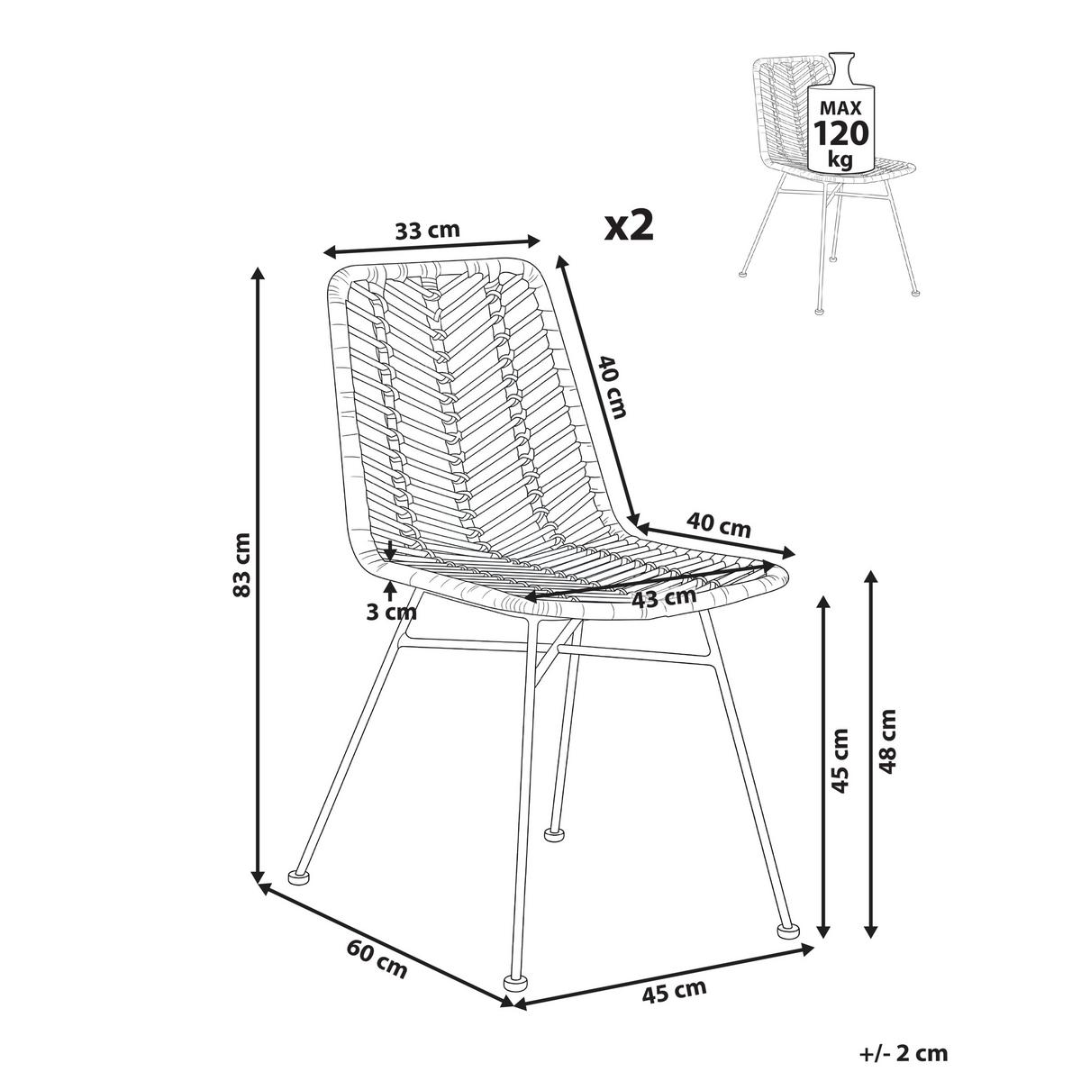 ESSZIMMERSTUHL 2er-Set Rattan Braun Dilley - Braun, Naturmaterialien (45/83/60cm) - Beliani